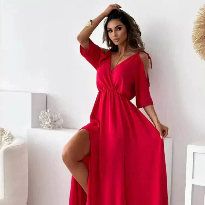 Selvaine | Women's Summer Maxi Dress Cold Shoulder - Beige - Image 3