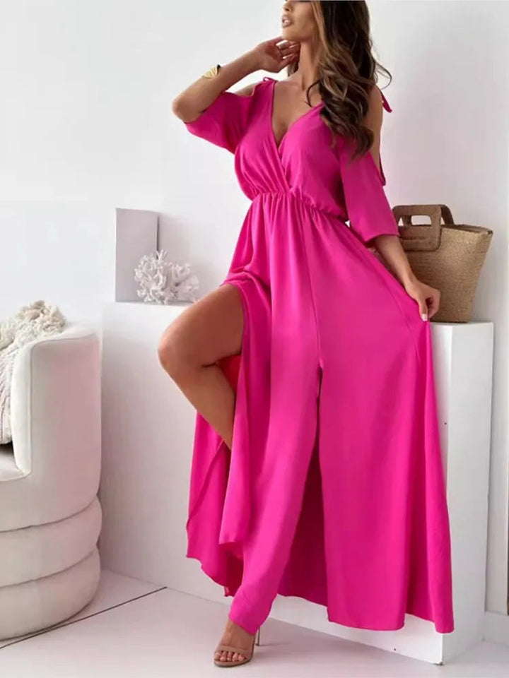 Selvaine | Women's Summer Maxi Dress Cold Shoulder - Beige - Image 7