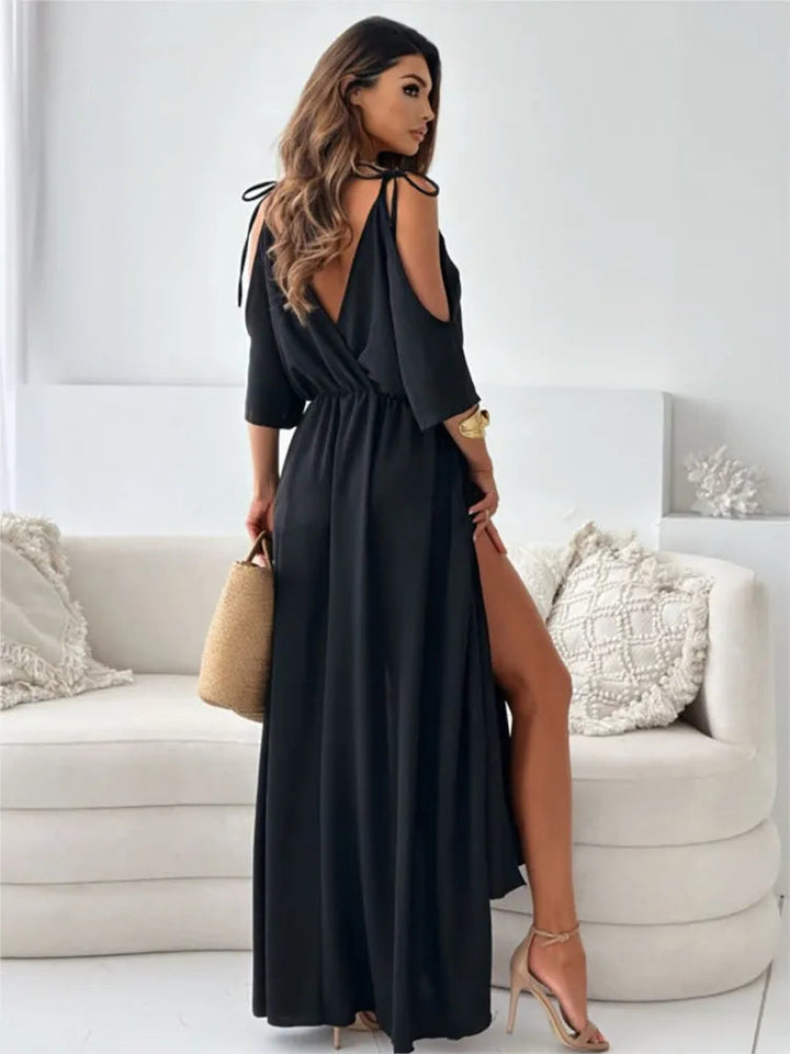 Selvaine | Women's Summer Maxi Dress Cold Shoulder - Beige - Image 8