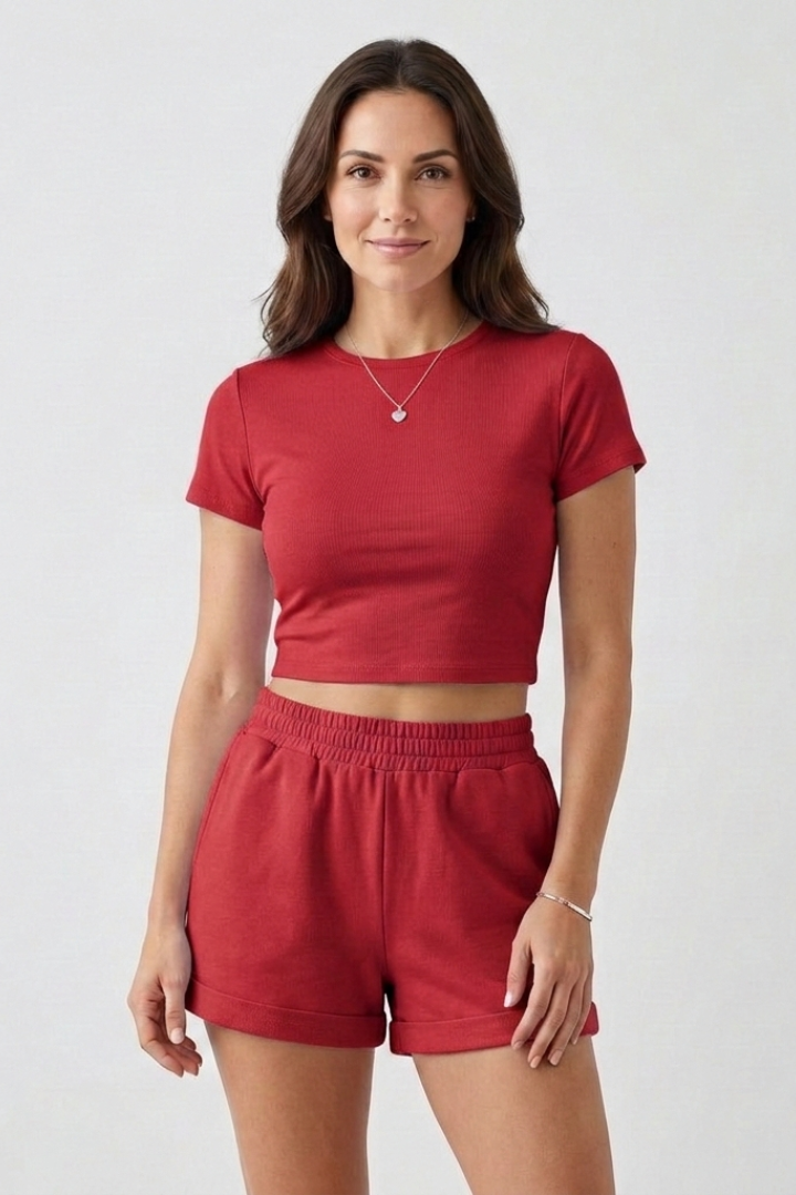 Selvaine | Women's Two Piece Crop Top and Shorts Set - Beige - Image 10