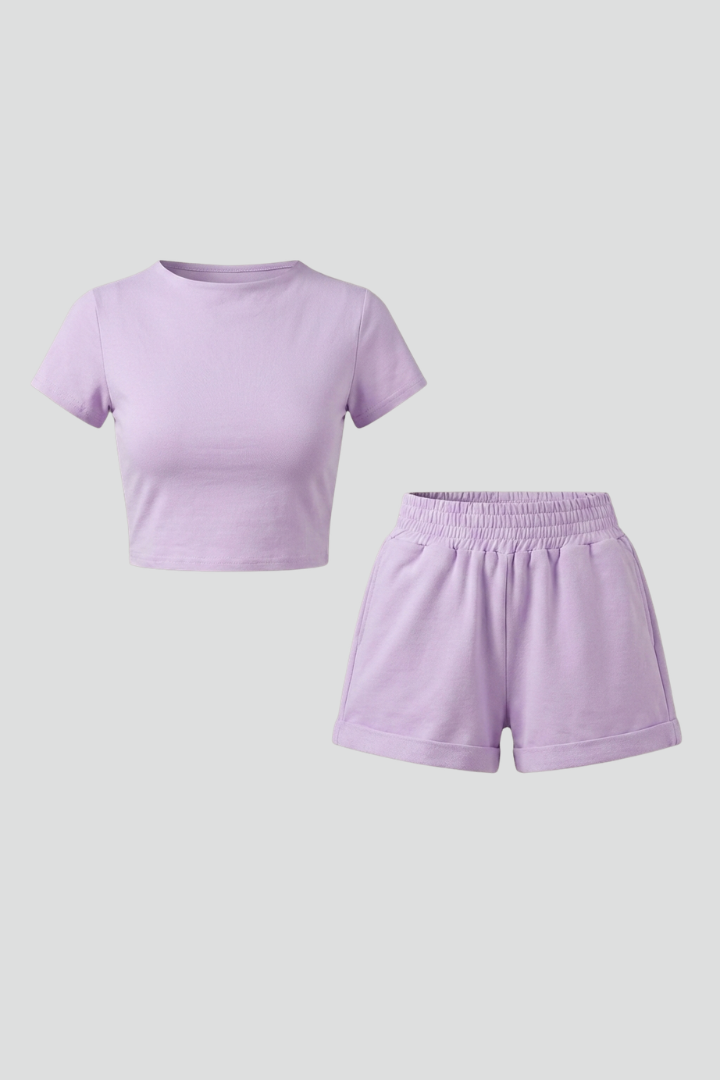 Selvaine | Women's Two Piece Crop Top and Shorts Set - Beige - Image 2