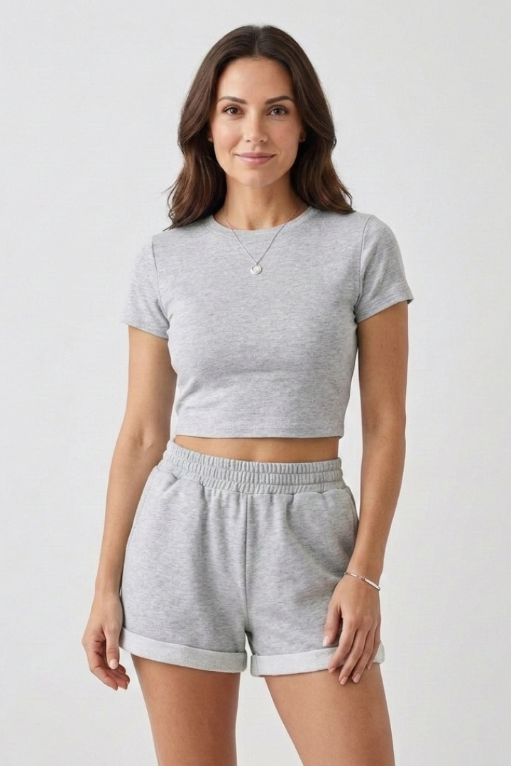 Selvaine | Women's Two Piece Crop Top and Shorts Set - Beige - Image 7