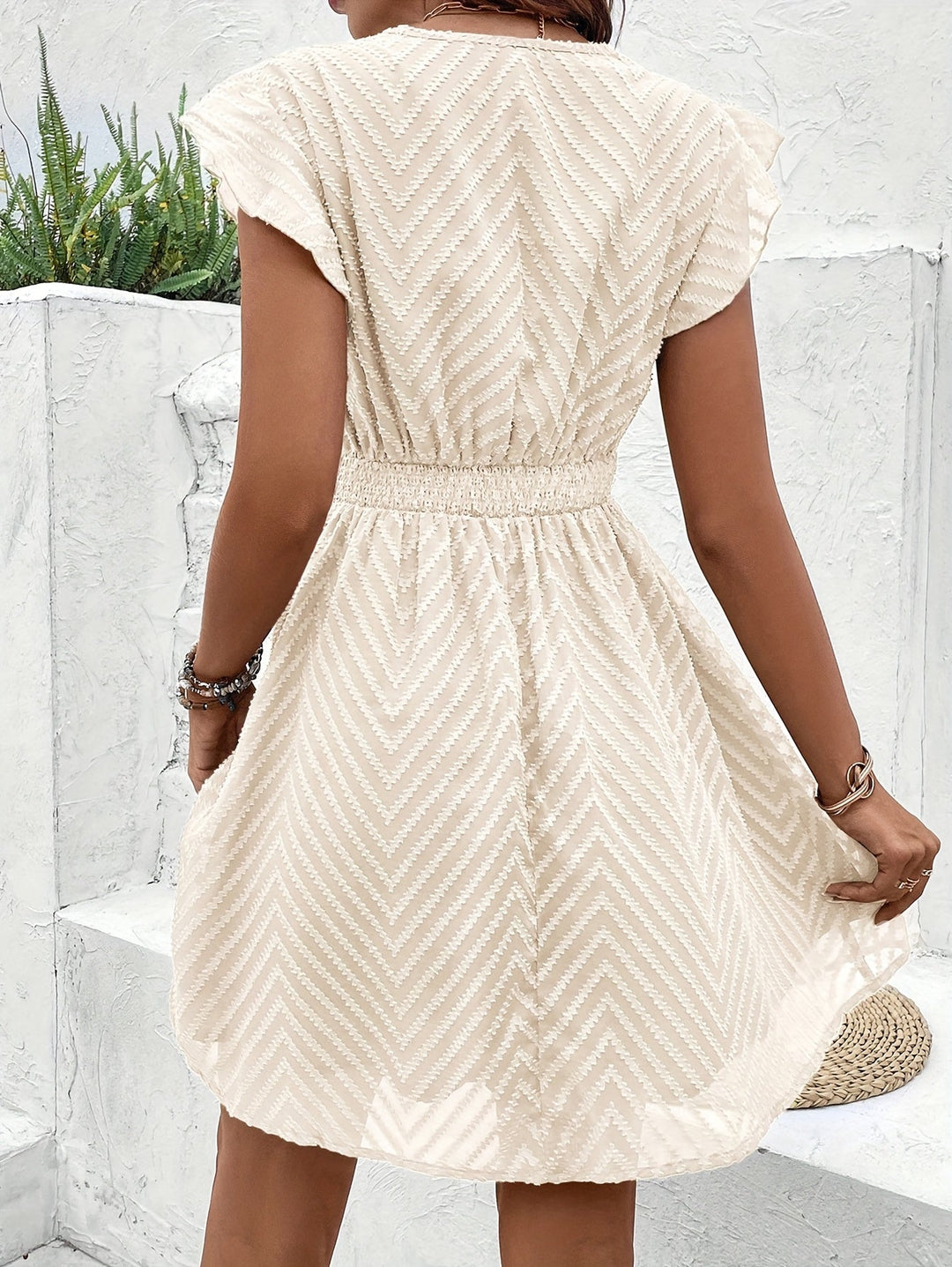Selvara | Women's Lace Trim V-Neck Mini Dress - Cream - Image 2