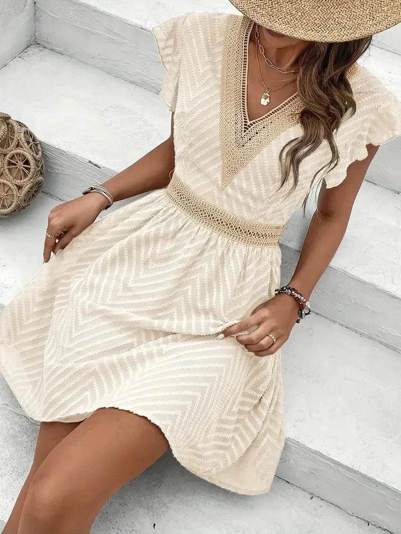 Selvara | Women's Lace Trim V-Neck Mini Dress - Cream - Image 3