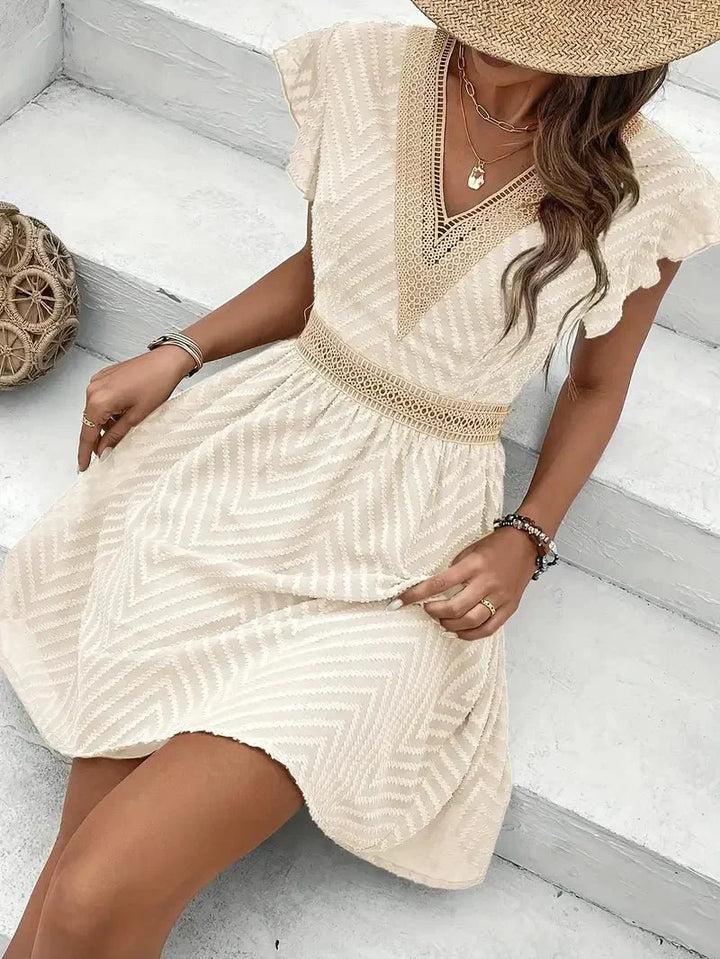 Selvara | Women's Lace Trim V-Neck Mini Dress - Cream - Image 3