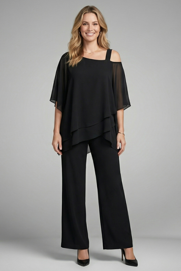 Selvara | Women's Two Piece Set Chiffon Top & Wide Leg Pants - Black - Image 1