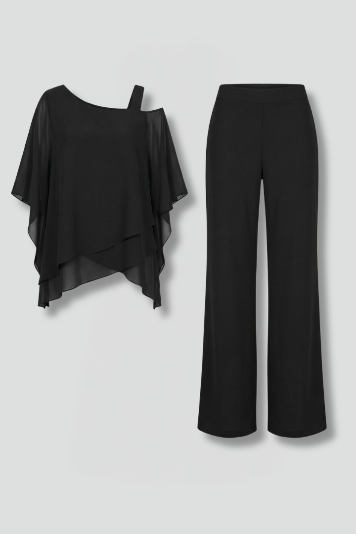 Selvara | Women's Two Piece Set Chiffon Top & Wide Leg Pants - Black - Image 2