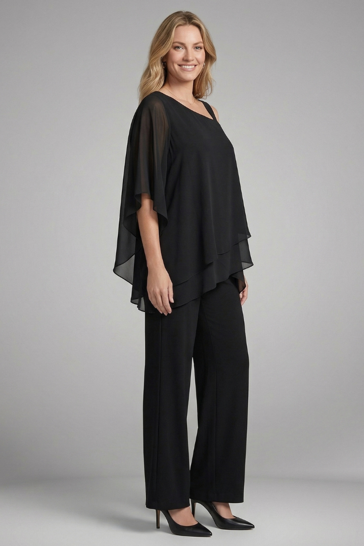 Selvara | Women's Two Piece Set Chiffon Top & Wide Leg Pants - Black - Image 3