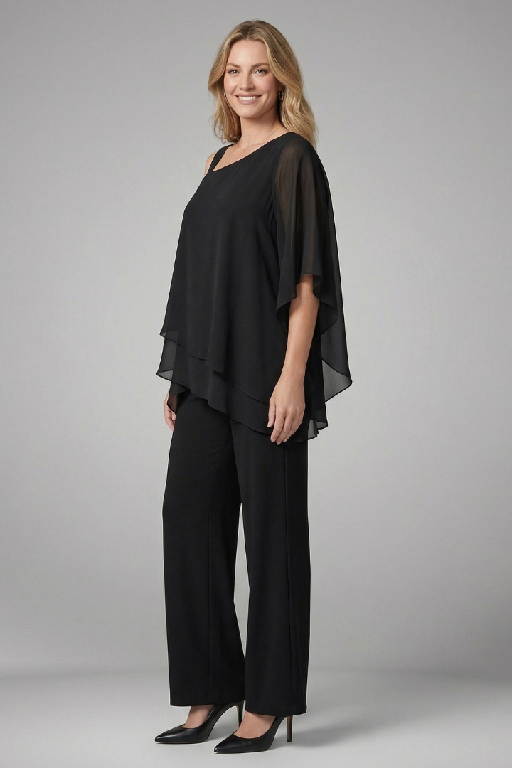 Selvara | Women's Two Piece Set Chiffon Top & Wide Leg Pants - Black - Image 4