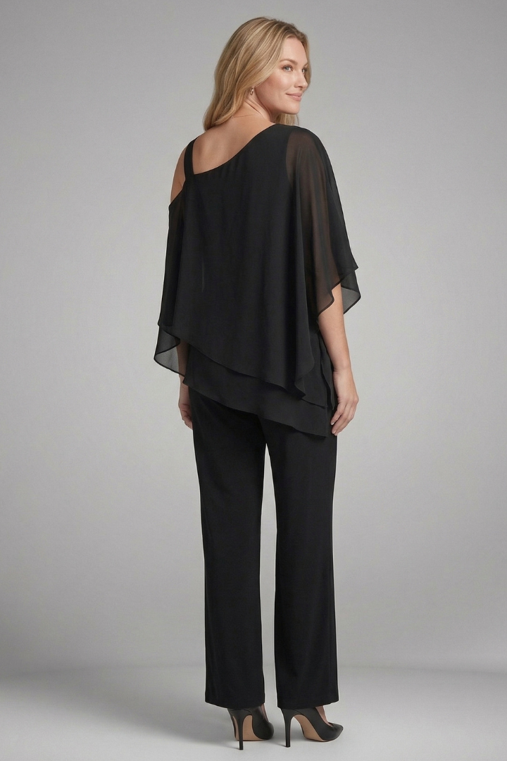 Selvara | Women's Two Piece Set Chiffon Top & Wide Leg Pants - Black - Image 5