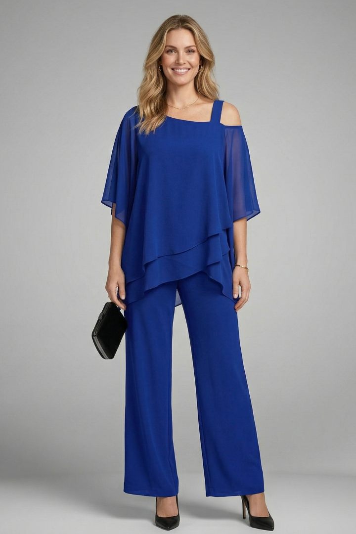 Selvara | Women's Two Piece Set Chiffon Top & Wide Leg Pants - Black - Image 7