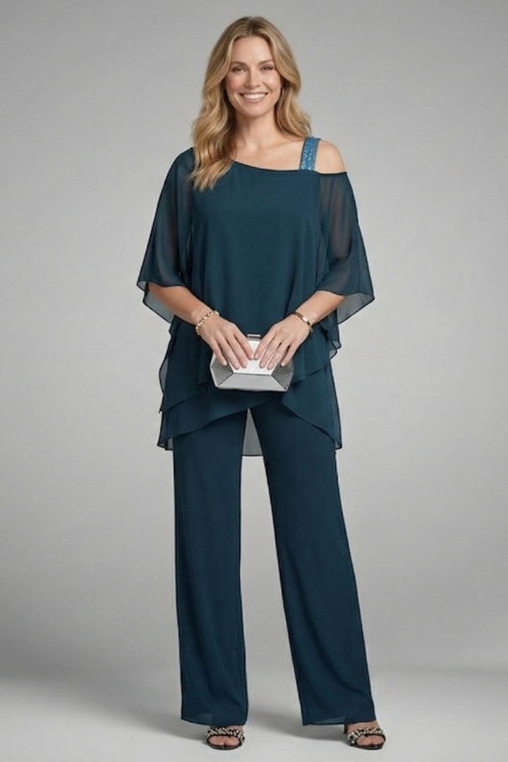 Selvara | Women's Two Piece Set Chiffon Top & Wide Leg Pants - Black - Image 8