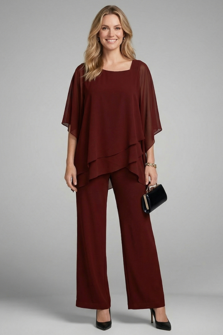 Selvara | Women's Two Piece Set Chiffon Top & Wide Leg Pants - Black - Image 9