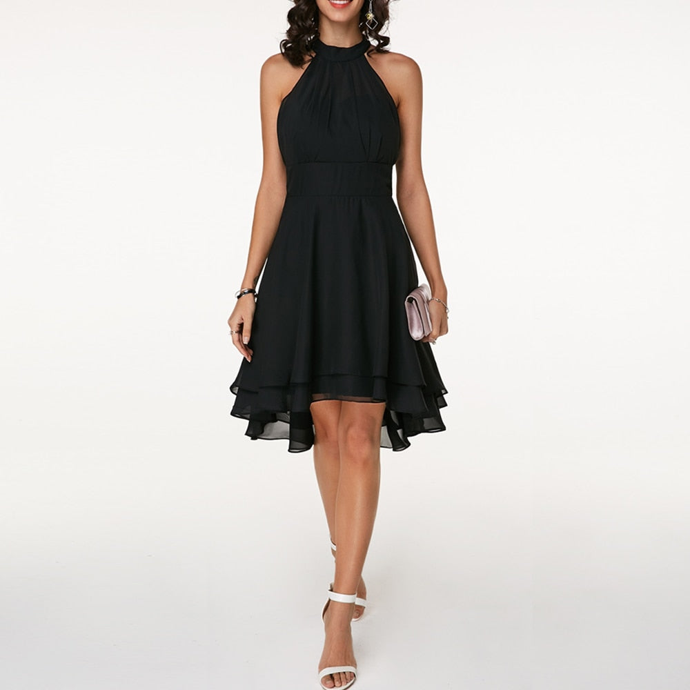 Selvinda | Women's Cocktail Party Dress Halter Tiered - Black - Image 1