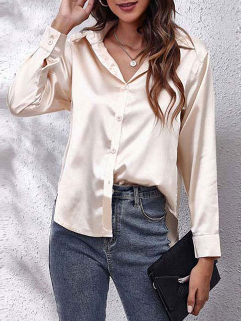 Selvindra | Women's Satin Blouse Long Sleeve Button-Up - Cream - Image 1