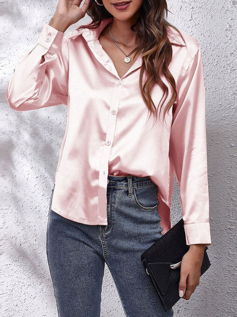 Selvindra | Women's Satin Blouse Long Sleeve Button-Up - Cream - Image 10