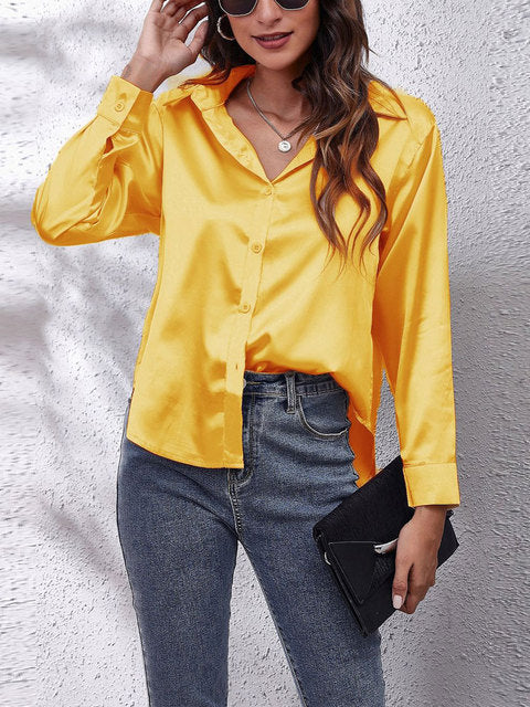 Selvindra | Women's Satin Blouse Long Sleeve Button-Up - Cream - Image 11