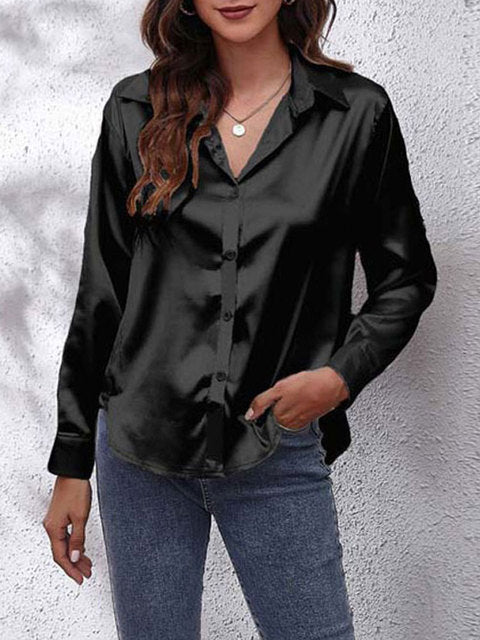 Selvindra | Women's Satin Blouse Long Sleeve Button-Up - Cream - Image 12