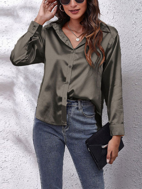 Selvindra | Women's Satin Blouse Long Sleeve Button-Up - Cream - Image 13