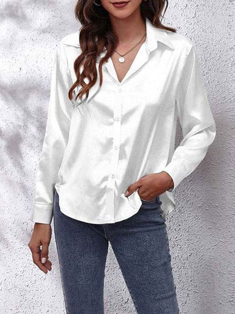 Selvindra | Women's Satin Blouse Long Sleeve Button-Up - Cream - Image 15