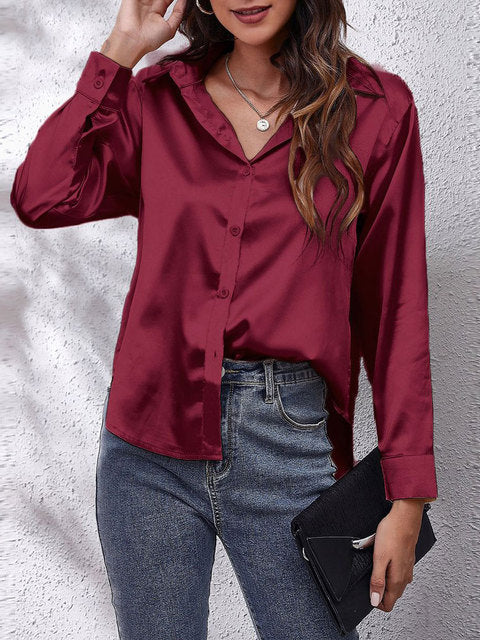 Selvindra | Women's Satin Blouse Long Sleeve Button-Up - Cream - Image 16