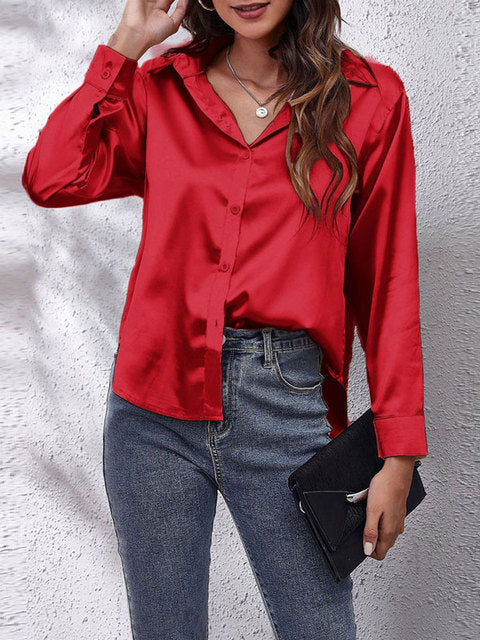 Selvindra | Women's Satin Blouse Long Sleeve Button-Up - Cream - Image 17