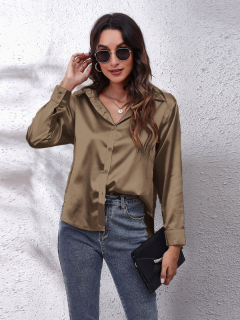 Selvindra | Women's Satin Blouse Long Sleeve Button-Up - Cream - Image 18