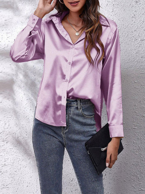 Selvindra | Women's Satin Blouse Long Sleeve Button-Up - Cream - Image 5