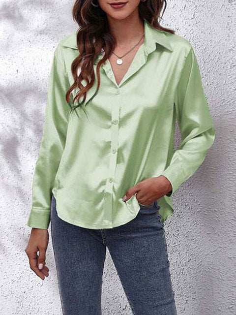 Selvindra | Women's Satin Blouse Long Sleeve Button-Up - Cream - Image 6