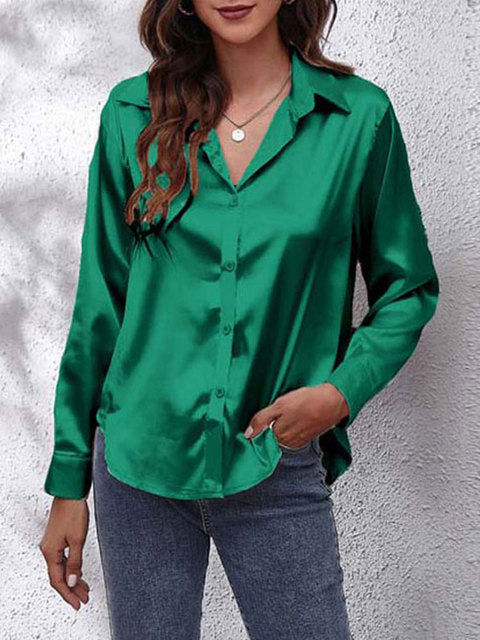 Selvindra | Women's Satin Blouse Long Sleeve Button-Up - Cream - Image 8
