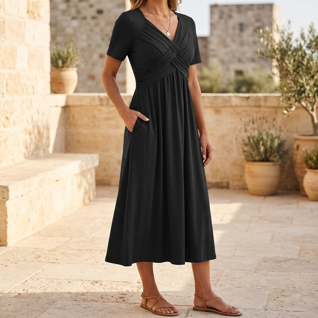 Selvine | Women's Crossover V-Neck Midi Dress with Pockets - Black - Image 1