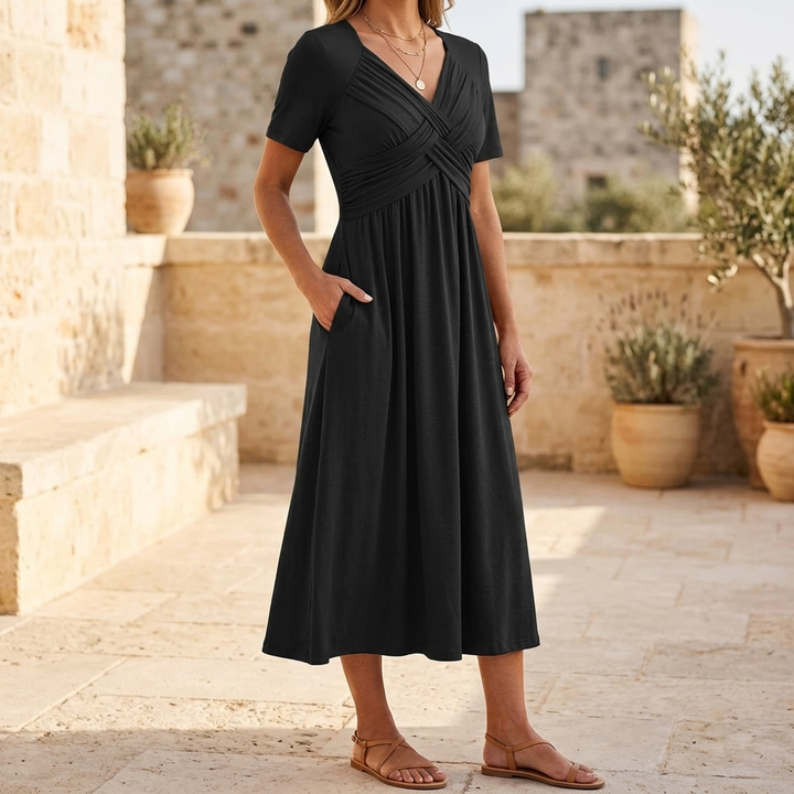Selvine | Women's Crossover V-Neck Midi Dress with Pockets - Black - Image 1
