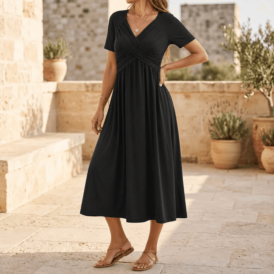 Selvine | Women's Crossover V-Neck Midi Dress with Pockets - Black - Image 11