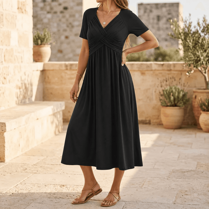 Selvine | Women's Crossover V-Neck Midi Dress with Pockets - Black - Image 11