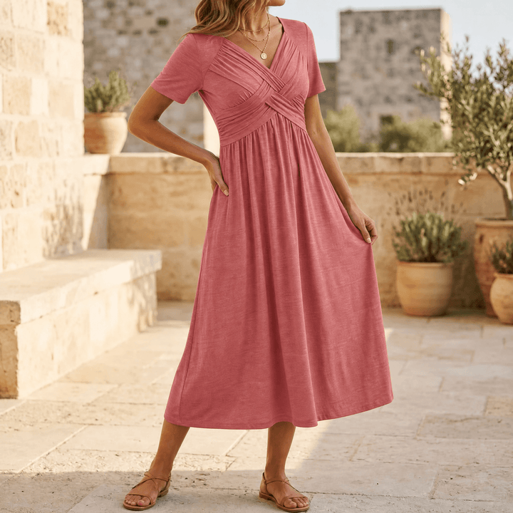 Selvine | Women's Crossover V-Neck Midi Dress with Pockets - Black - Image 12