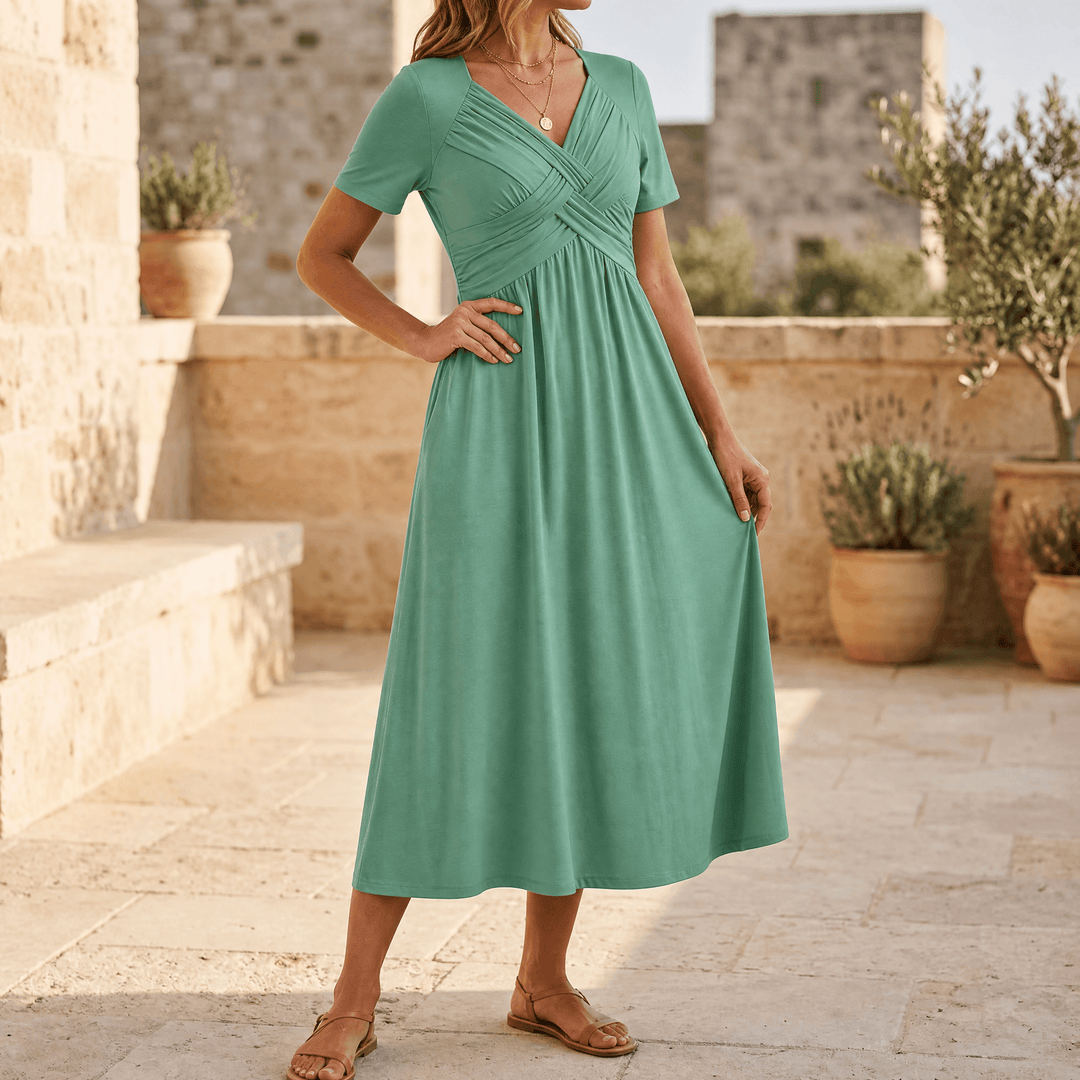Selvine | Women's Crossover V-Neck Midi Dress with Pockets - Black - Image 14