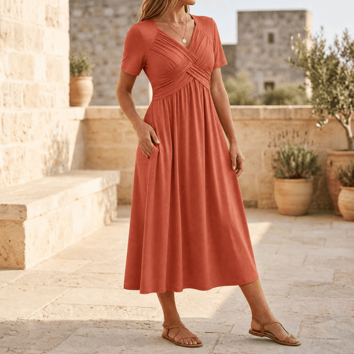 Selvine | Women's Crossover V-Neck Midi Dress with Pockets - Black - Image 15