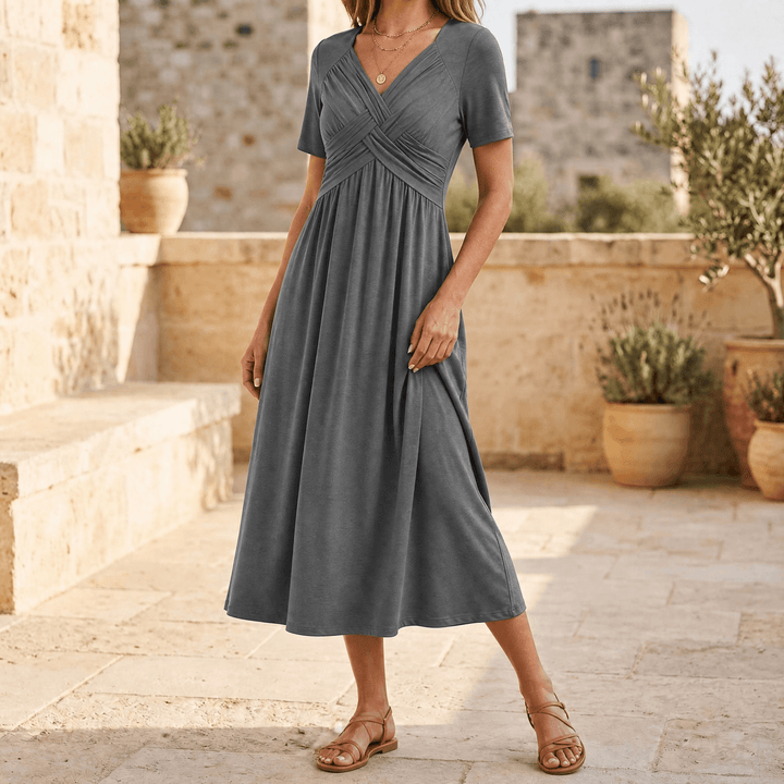 Selvine | Women's Crossover V-Neck Midi Dress with Pockets - Black - Image 16