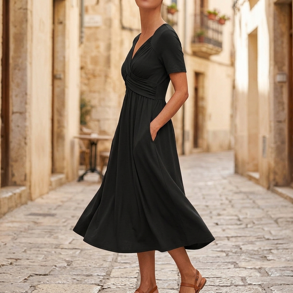 Selvine | Women's Crossover V-Neck Midi Dress with Pockets - Black - Image 2