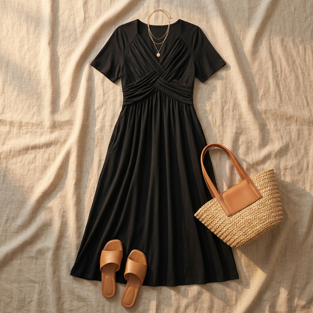 Selvine | Women's Crossover V-Neck Midi Dress with Pockets - Black - Image 6