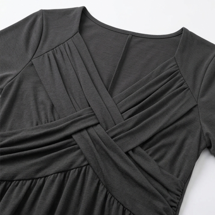 Selvine | Women's Crossover V-Neck Midi Dress with Pockets - Black - Image 7