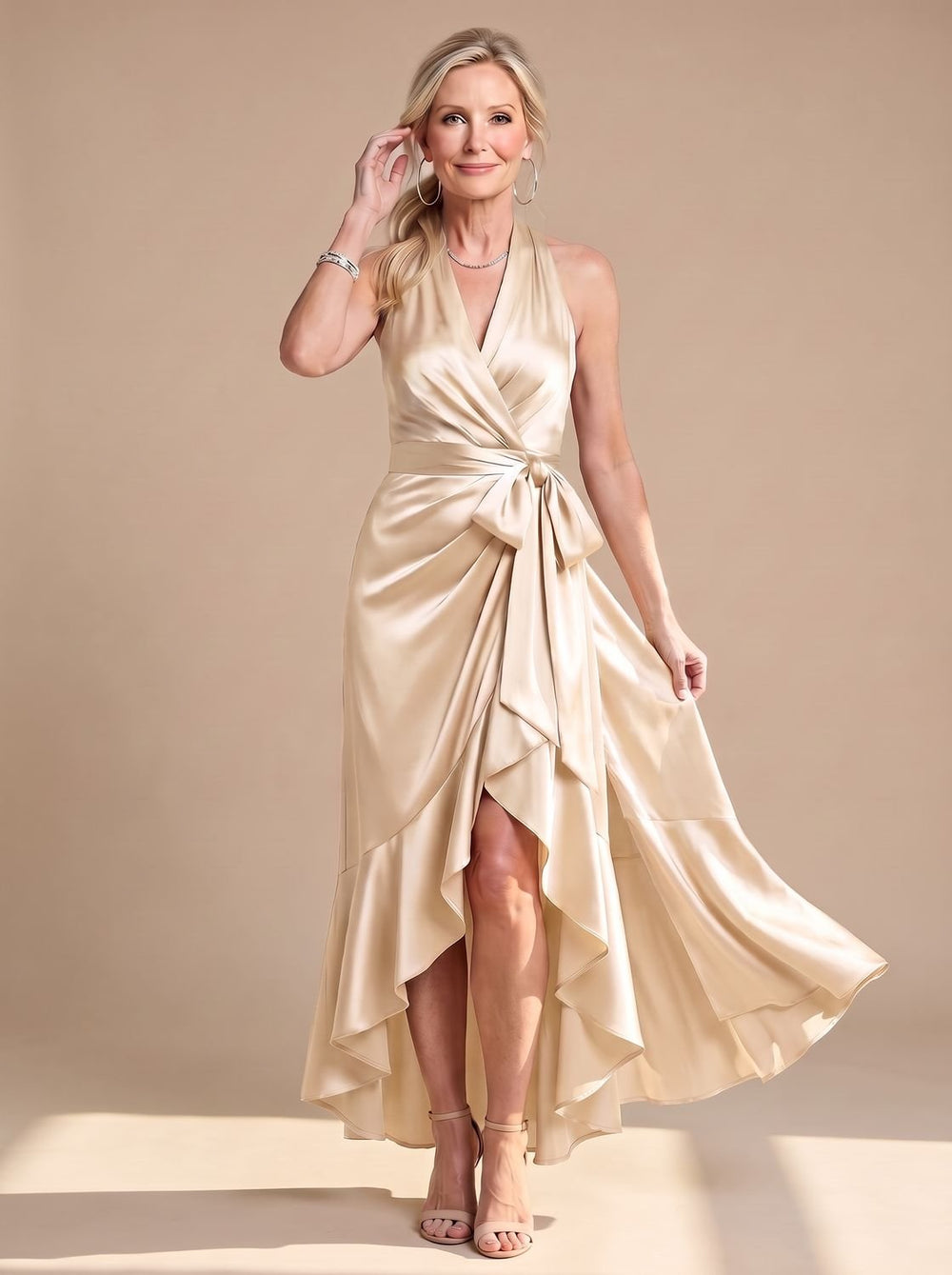Selvorna | Women's Cocktail Dress Satin Halter Wrap - Champagne - Image 2