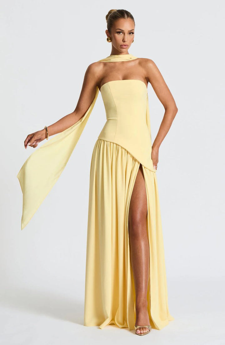 Selvorna | Women's Strapless Scarf Neck Maxi Dress - Yellow - Image 1