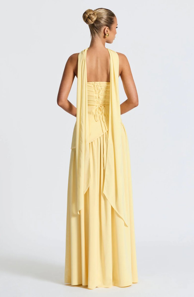 Selvorna | Women's Strapless Scarf Neck Maxi Dress - Yellow - Image 2