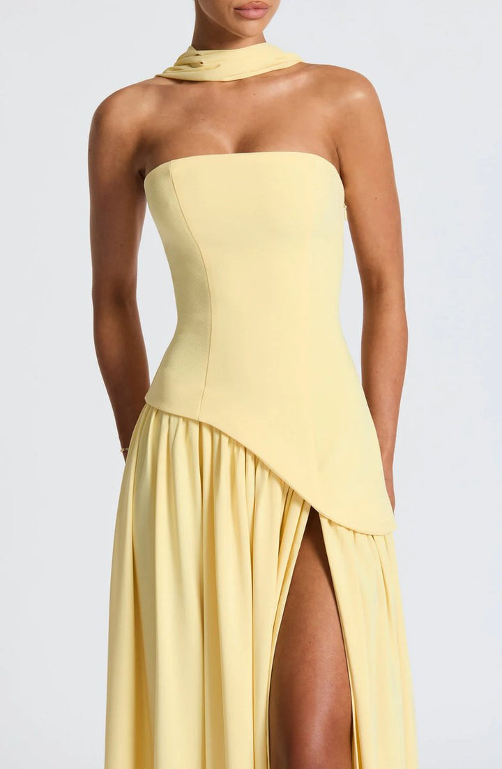 Selvorna | Women's Strapless Scarf Neck Maxi Dress - Yellow - Image 3