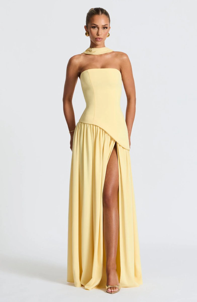 Selvorna | Women's Strapless Scarf Neck Maxi Dress - Yellow - Image 4