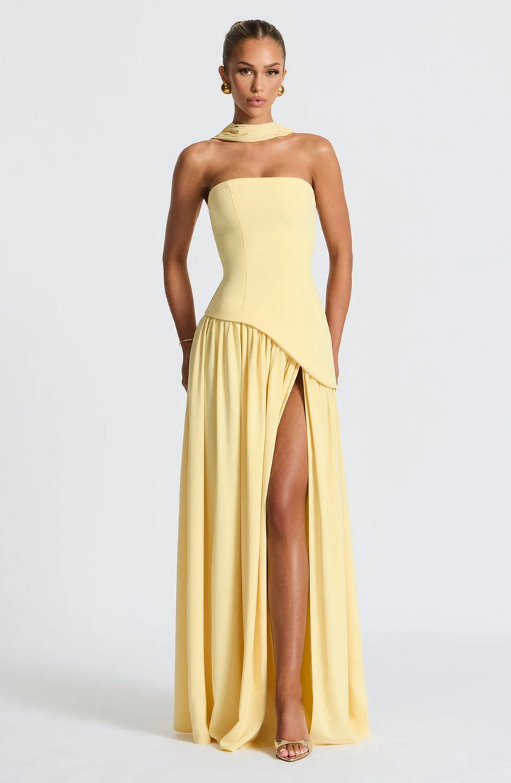 Selvorna | Women's Strapless Scarf Neck Maxi Dress - Yellow - Image 4