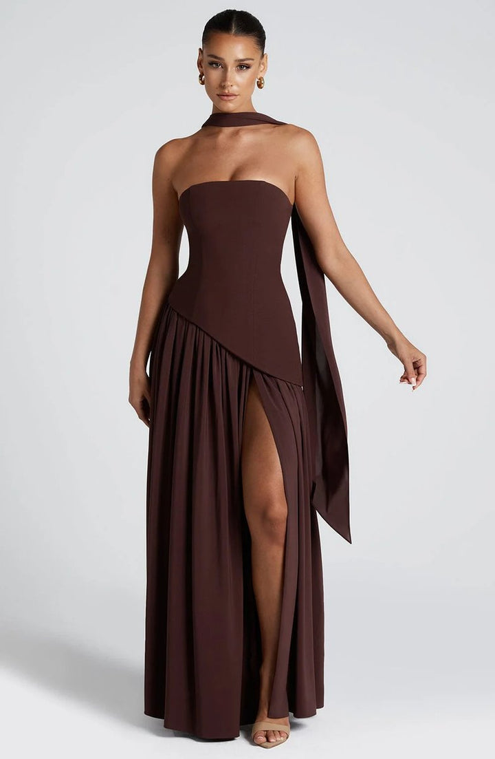 Selvorna | Women's Strapless Scarf Neck Maxi Dress - Yellow - Image 5