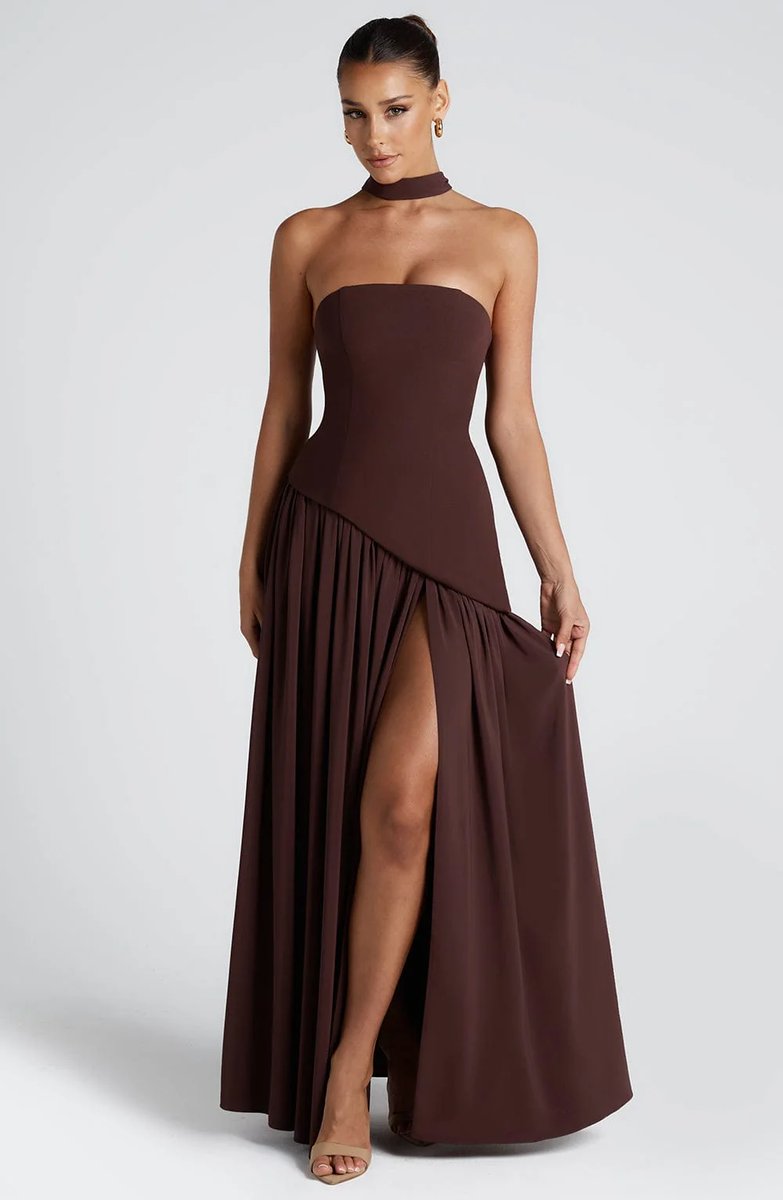 Selvorna | Women's Strapless Scarf Neck Maxi Dress - Yellow - Image 8