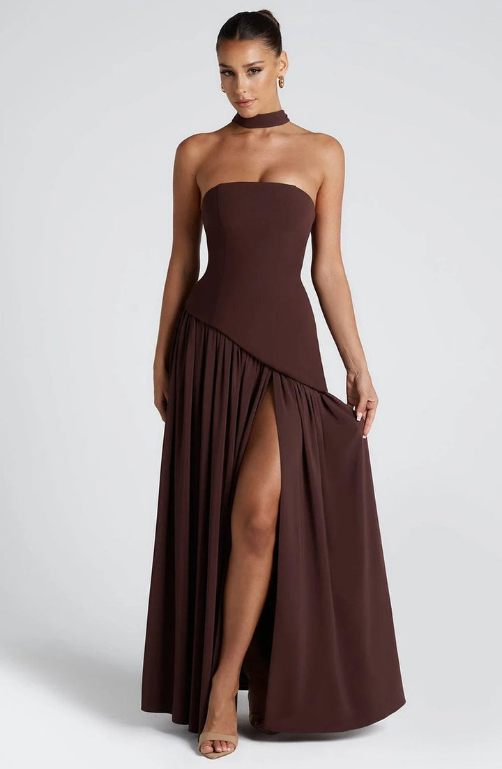 Selvorna | Women's Strapless Scarf Neck Maxi Dress - Yellow - Image 8